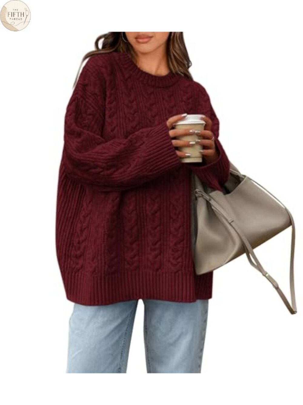Oversized Cable Knit Sweater Crewneck Long Sleeve Pullover